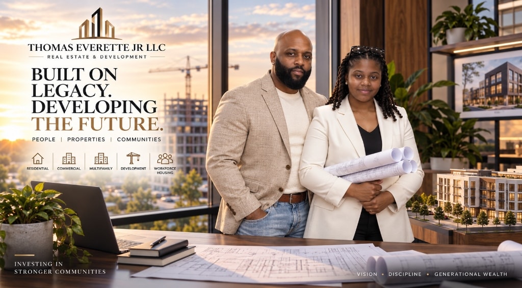 Thomas Everette Jr. and Tamia D. Everette reviewing architectural plans, representing family leadership, real estate development, and legacy